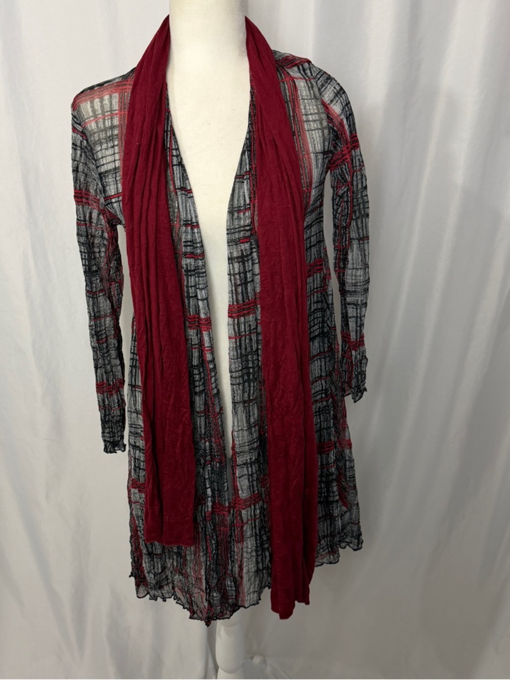 Vintage Comfy USA Red and Black Plaid Sheer Open Cardigan with Scarf Detail